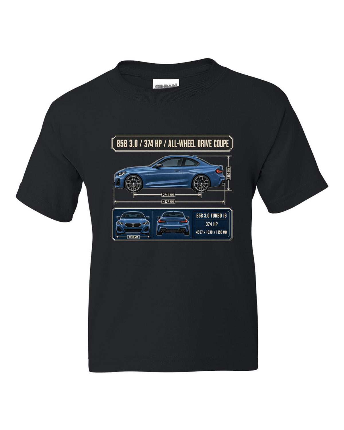 BMW M240i xDrive G42 coupe dimension blueprint print black kids tee front view with the design