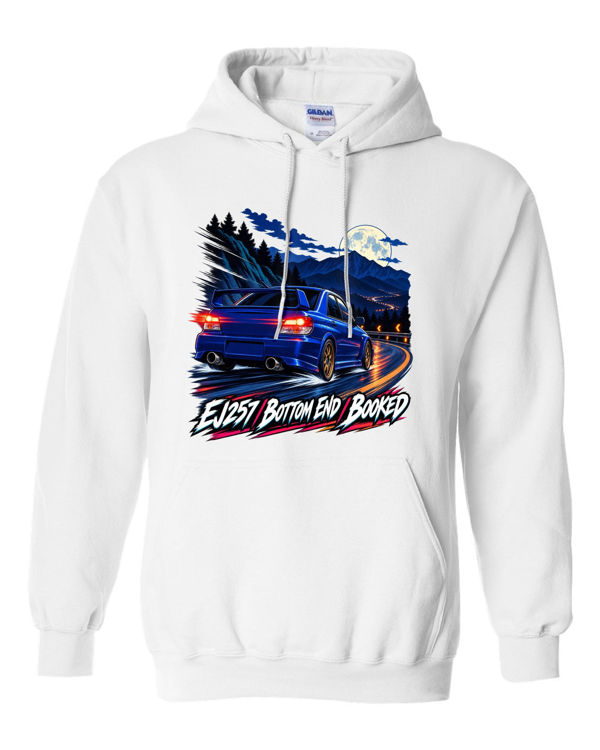 Racing-stripe livery print of a Subaru Impreza WRX GDB Blobeye white pull over hoodie front view with the design