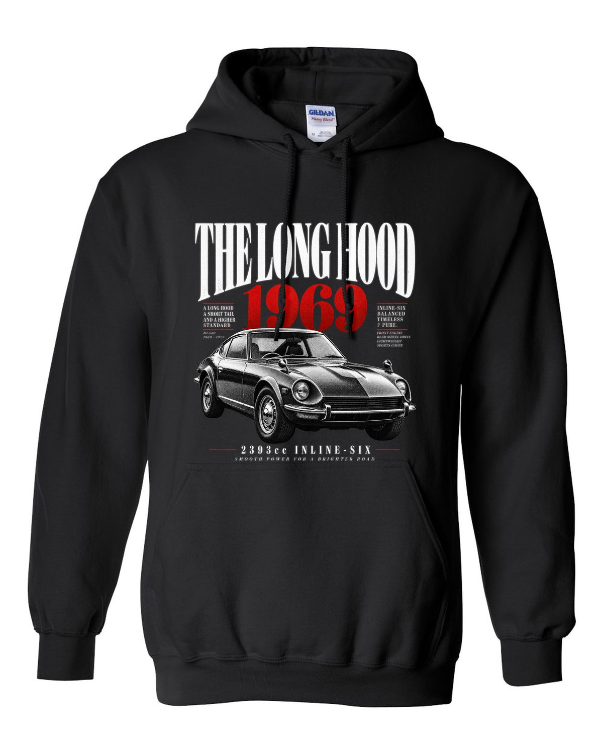 print of a Datsun 240Z HLS30 with editorial headline about the long hood and 2393cc inline-six black pull over hoodie front view with the design