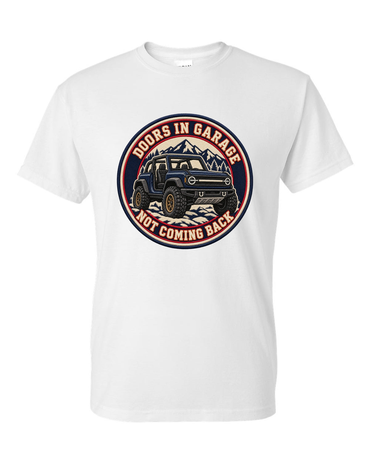 Embroidery-style varsity crest of a 2021 Ford Bronco with doors and roof off at the beach white t-shirt front view with the design