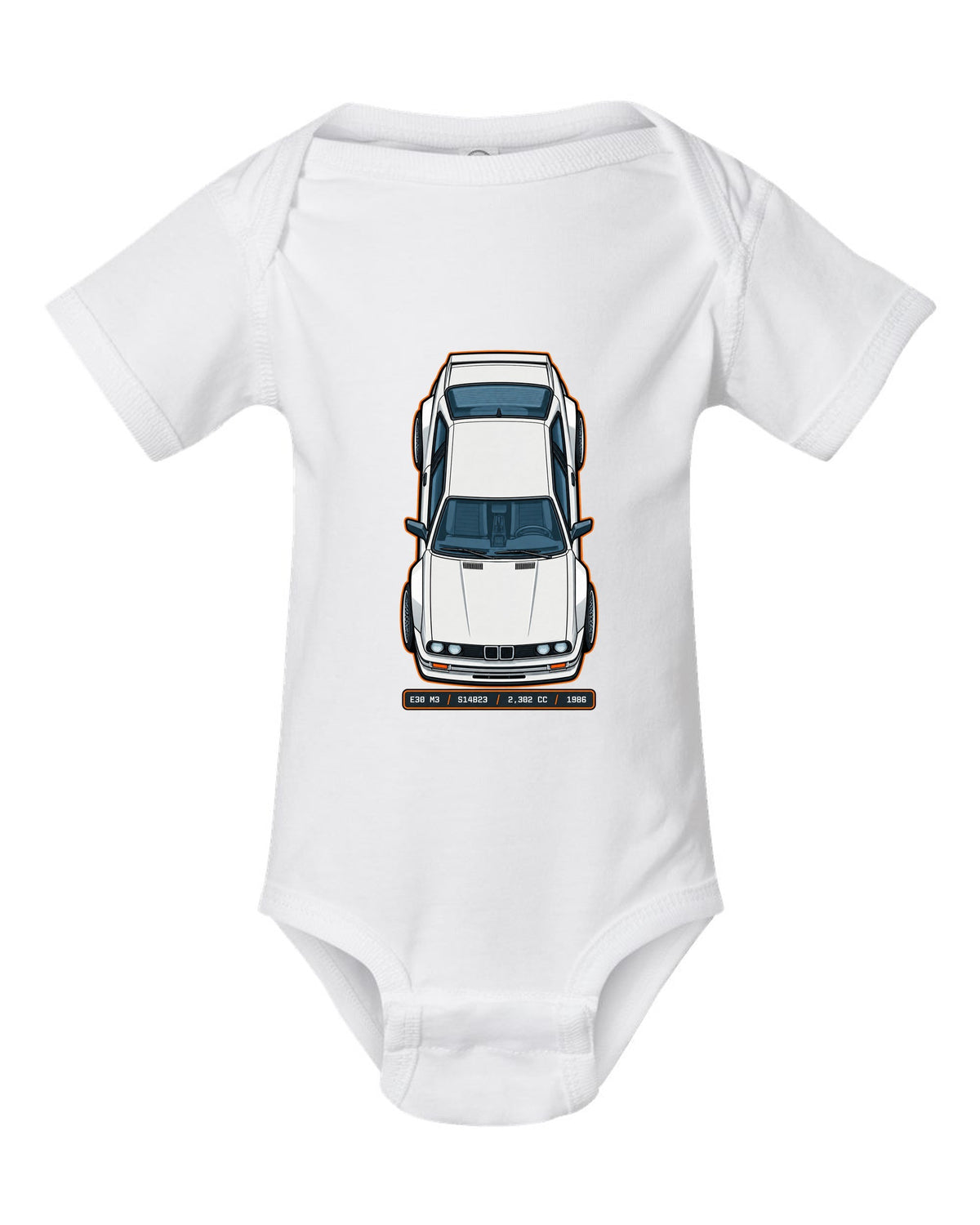 Top view spec sheet print of a BMW E30 M3 with S14B23 2,302 cc 1986 data plate text white baby onesie front view with the design