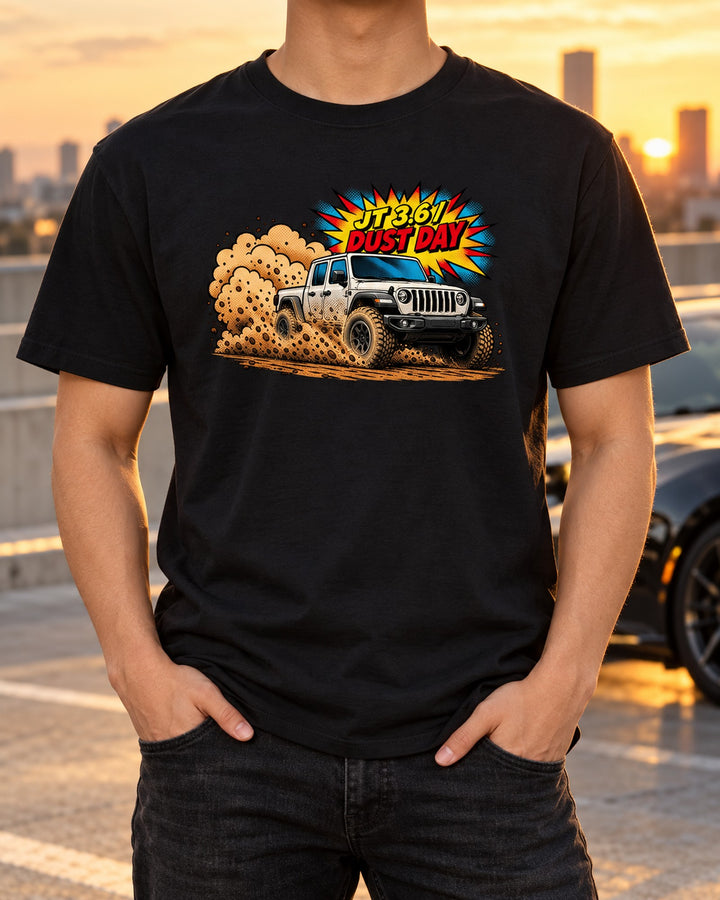 Jeep Gladiator JT 3.6 Dust Day Burnout Pop Art print Shirt T-Shirt Black worn hero