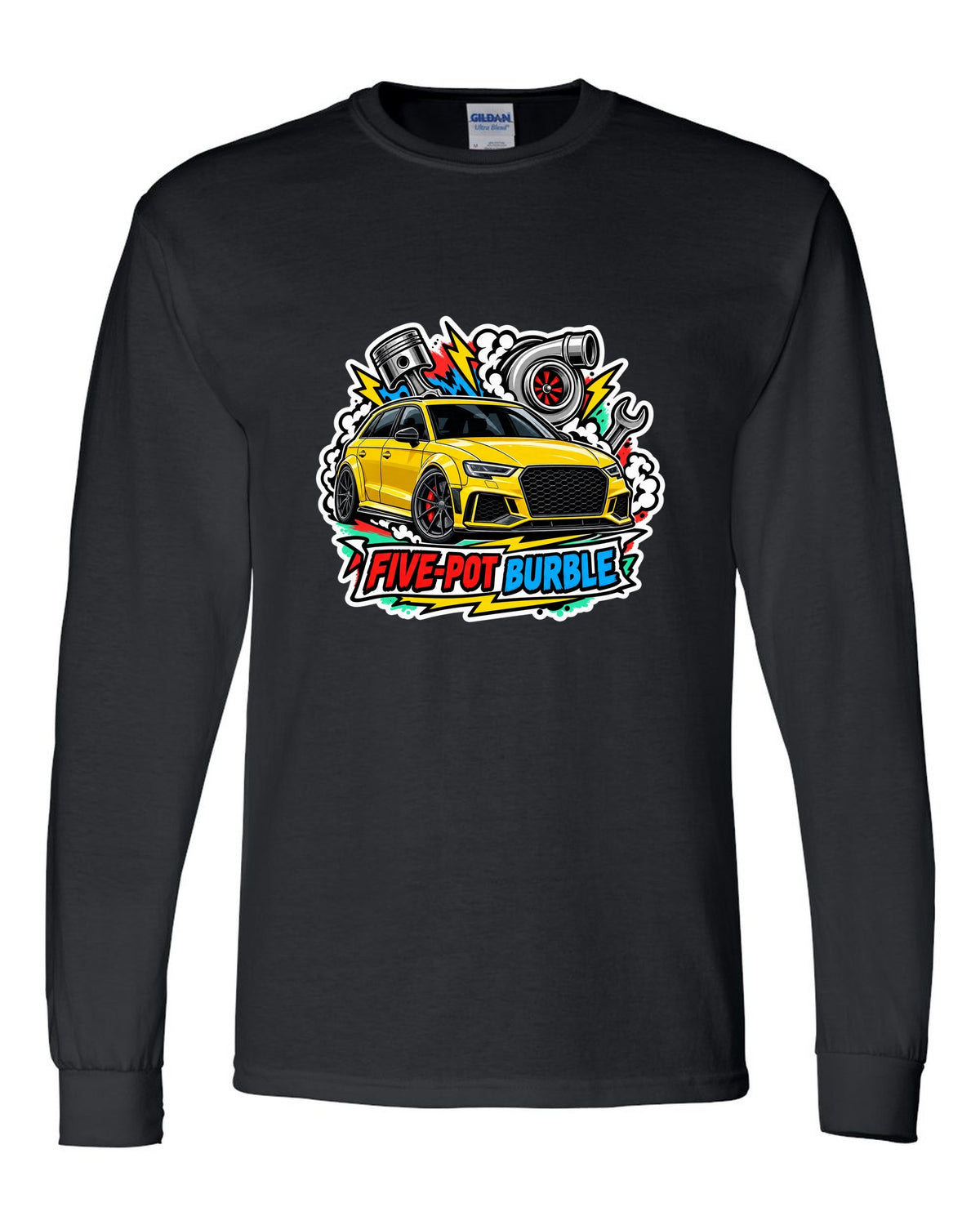 Sticker bomb collage print of an Audi RS3 8V with five-pot burble text black long sleeve front view with the design
