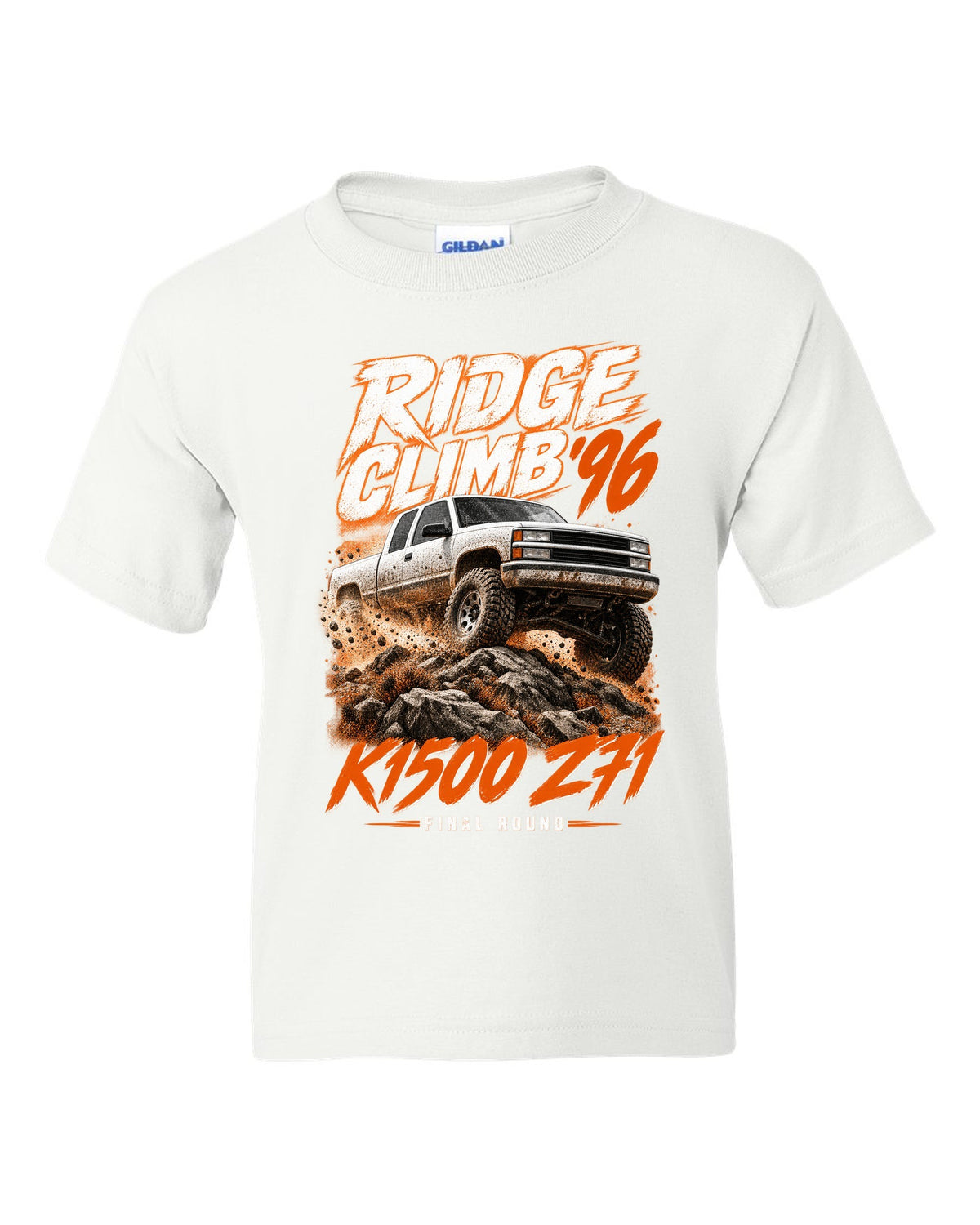 1996 Chevy K1500 Z71 OBS Ridge Climb race poster print white kids tee front view with the design