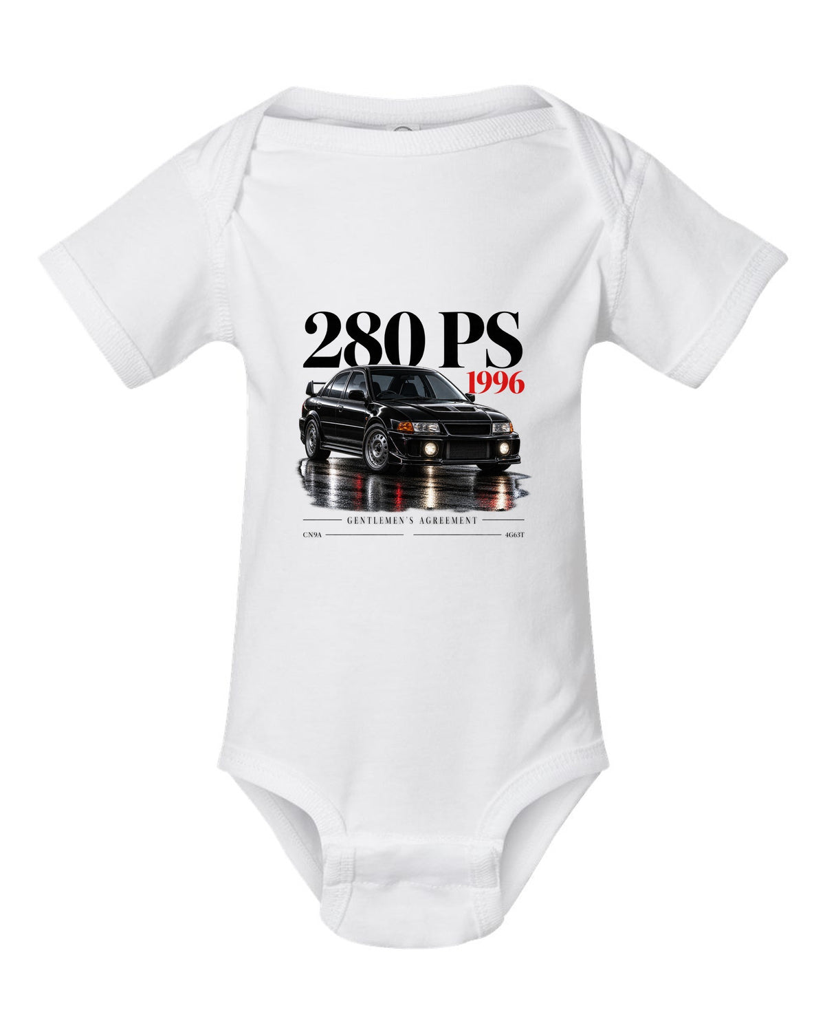Editorial headline print for the Mitsubishi Lancer Evolution IV CN9A reading 280 PS, 1996, Gentlemen's Agreement, 4G63T white baby onesie front view with the design