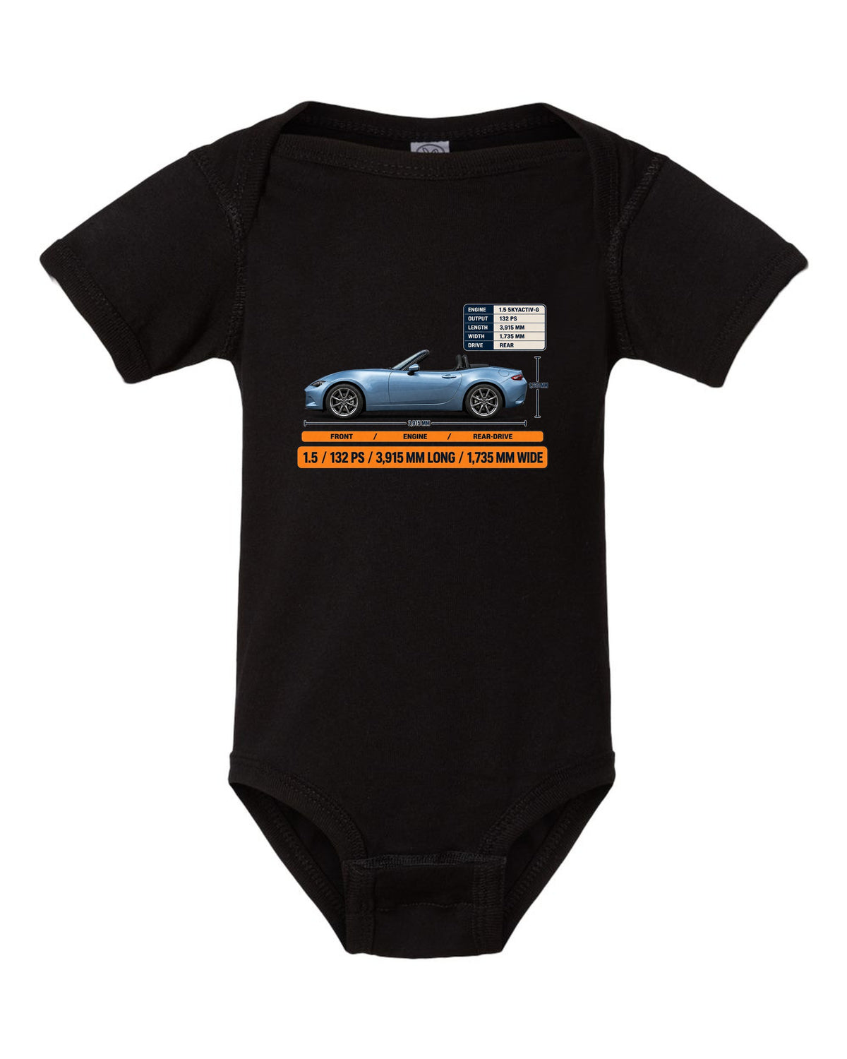 Mazda MX-5 ND 1.5 SKYACTIV-G spec poster print showing power and dimensions black baby onesie front view with the design