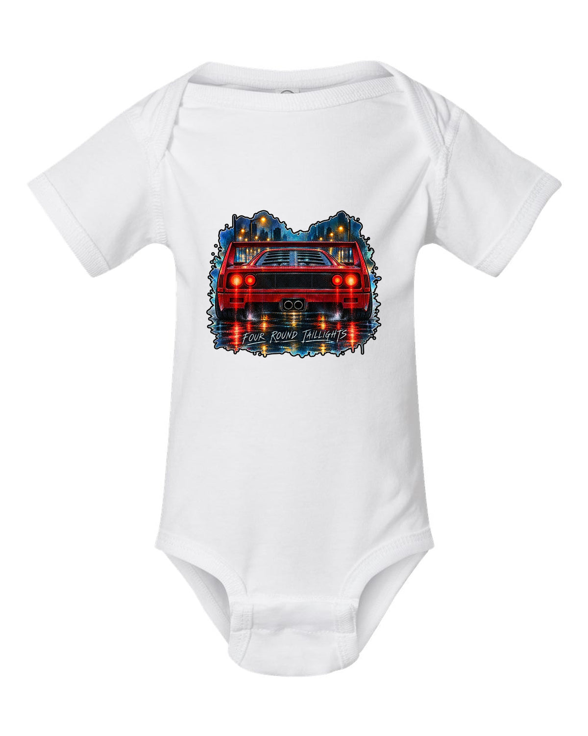 Watercolour wet-road night print of the rear of a 1987 Ferrari F40 F120 with four round taillights text white baby onesie front view with the design