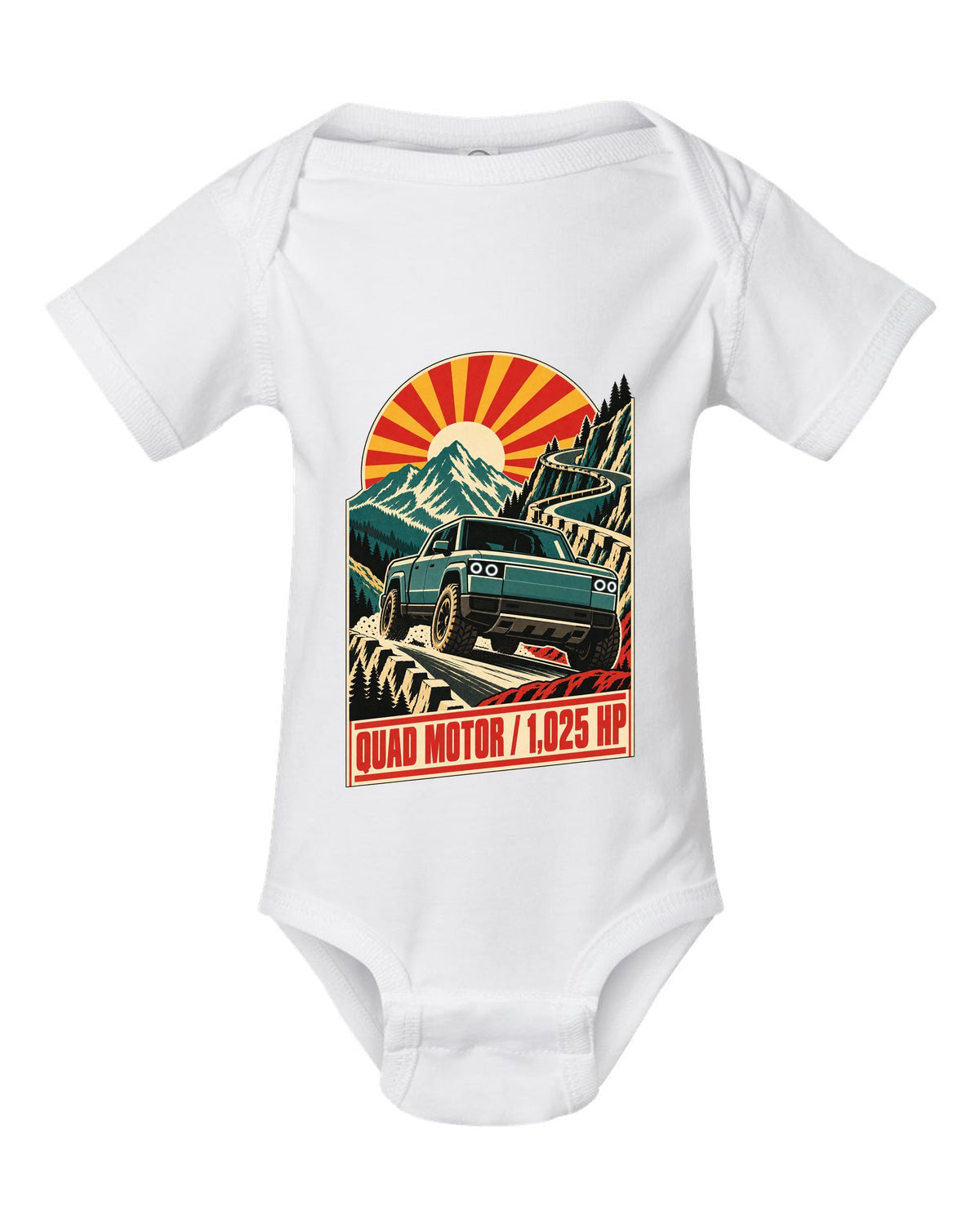 1960s lithographed vintage race poster print of a Rivian R1T reading Quad Motor 1,025 HP white baby onesie front view with the design