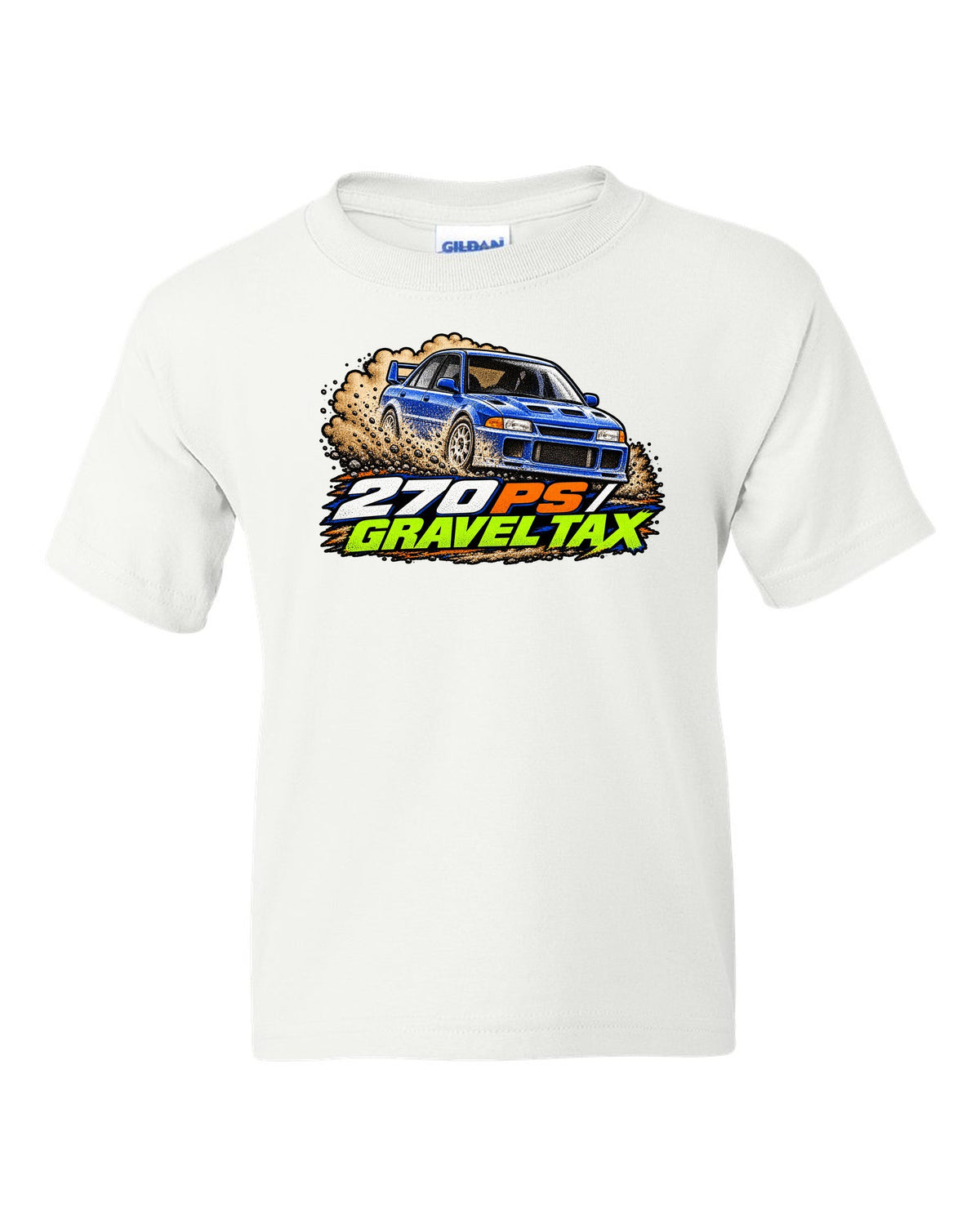 Mitsubishi Lancer Evolution III CE9A in grainy 90s rally magazine halftone, 270 PS / GRAVEL TAX white kids tee front view with the design