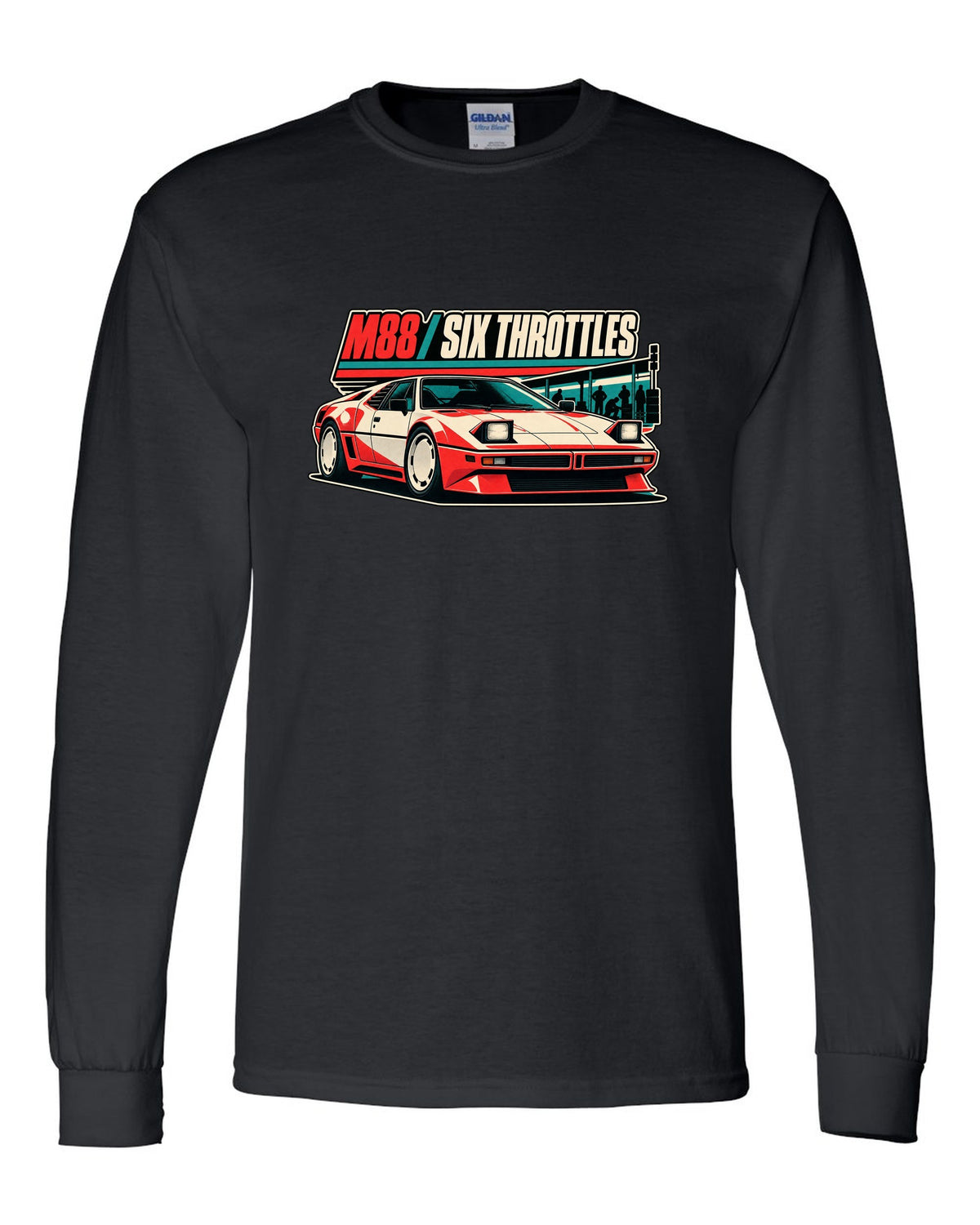 Vintage race poster print of a BMW M1 E26 with M88 six throttles lettering black long sleeve front view with the design