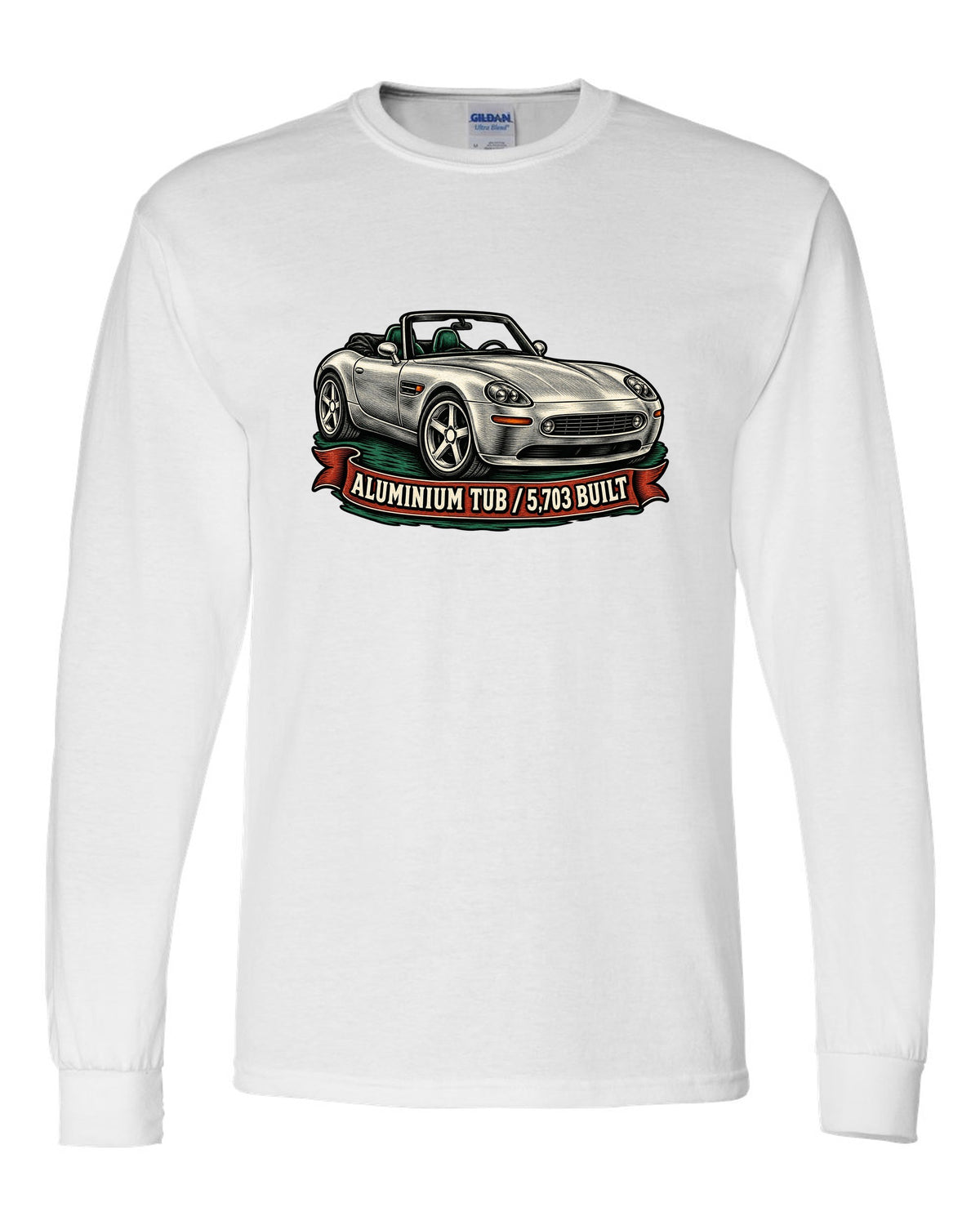 Woodcut linocut-style print of a BMW Z8 E52 roadster with 5,703 built text white long sleeve front view with the design