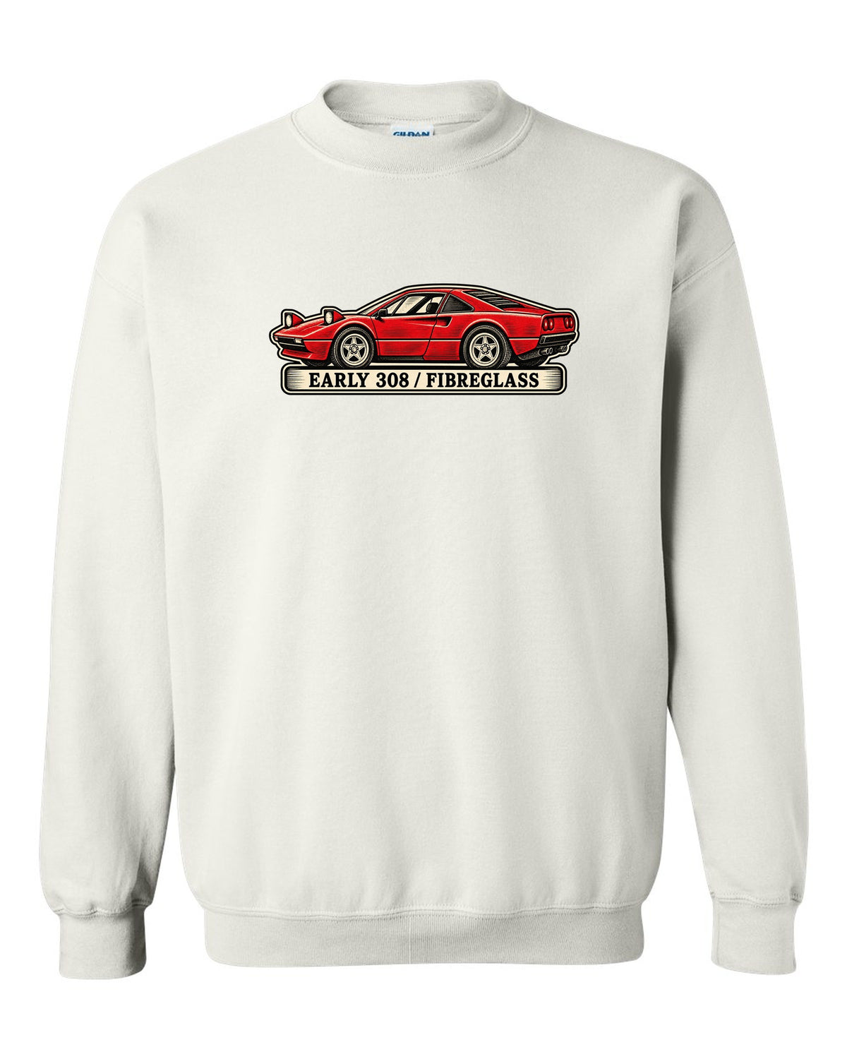 Linocut woodcut style print of an early 1975 Ferrari 308 GTB with the text early 308 fibreglass white crewneck front view with the design