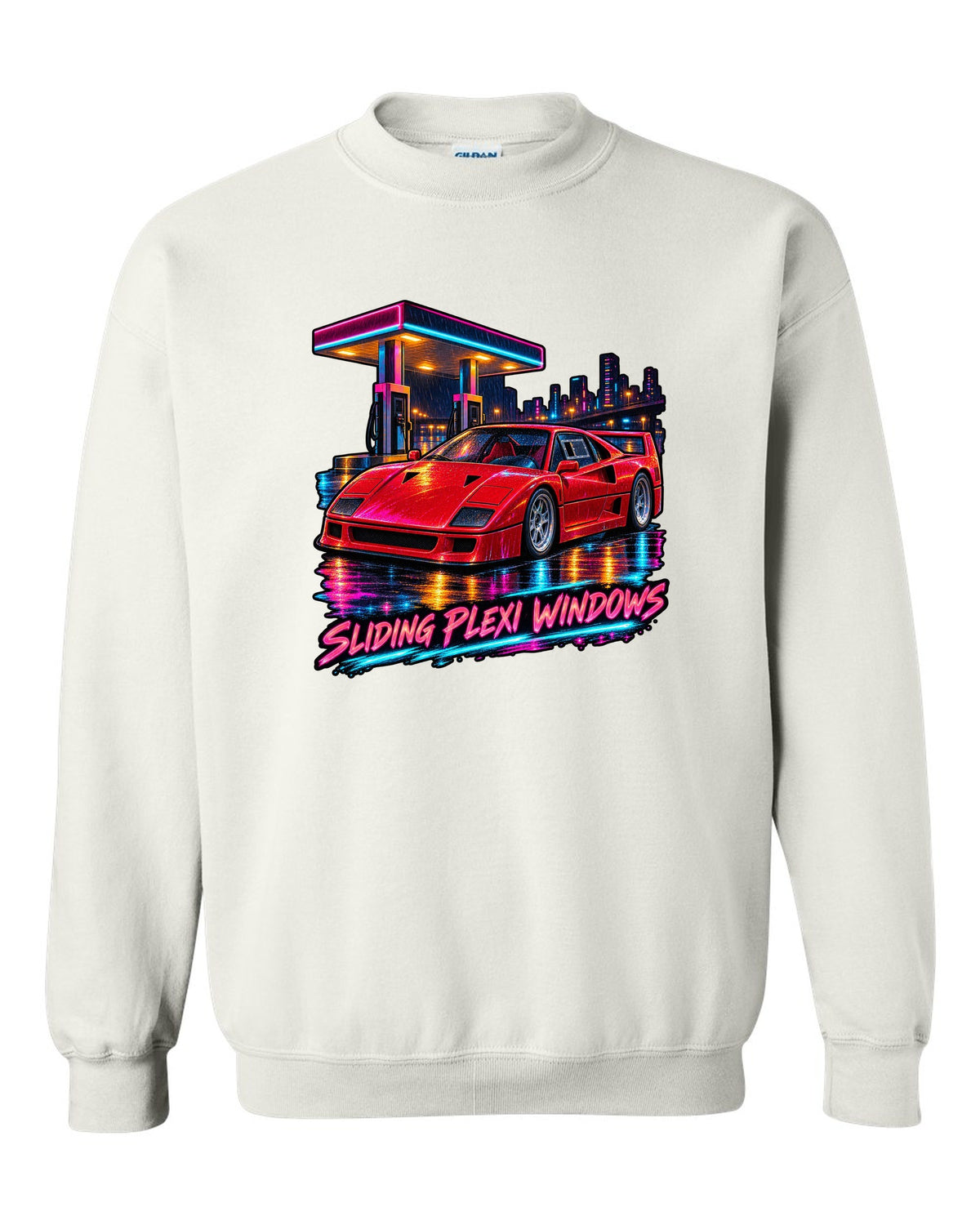 Neon night-city gouache print of a 1987 Ferrari F40 F120 with sliding plexi windows text white crewneck front view with the design