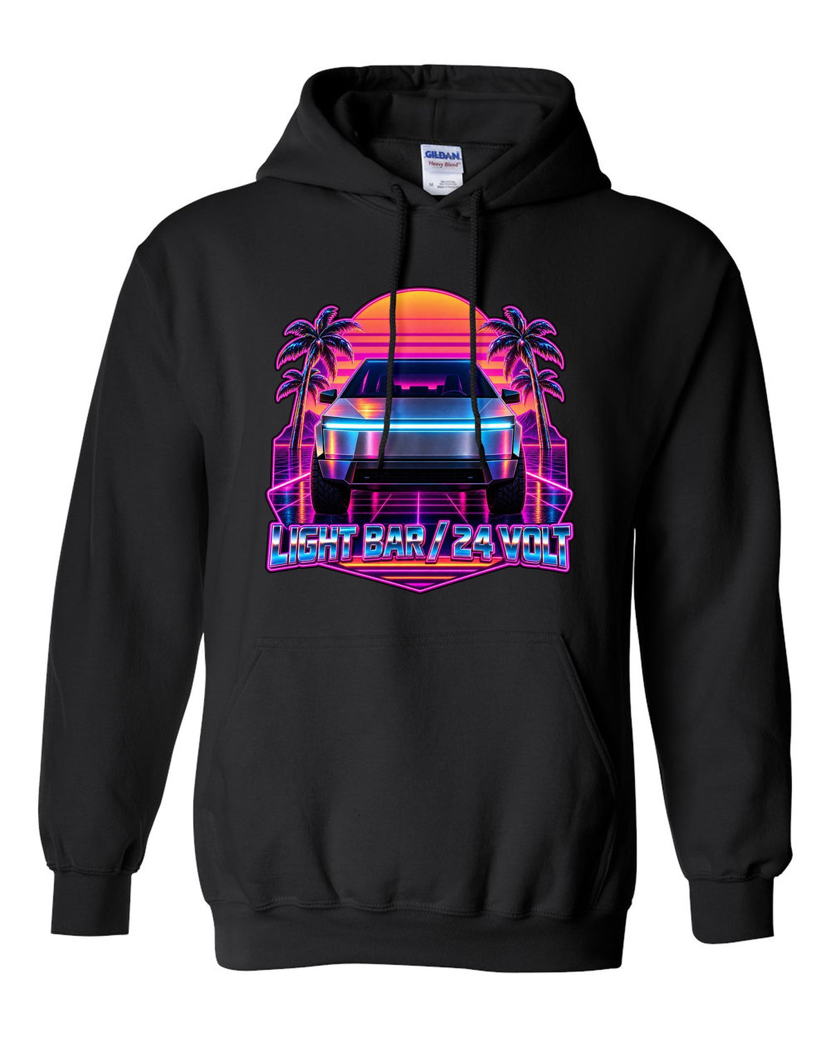 Neon synthwave outrun scene of a 2023 Tesla Cybertruck with the words Light Bar 24 Volt black pull over hoodie front view with the design