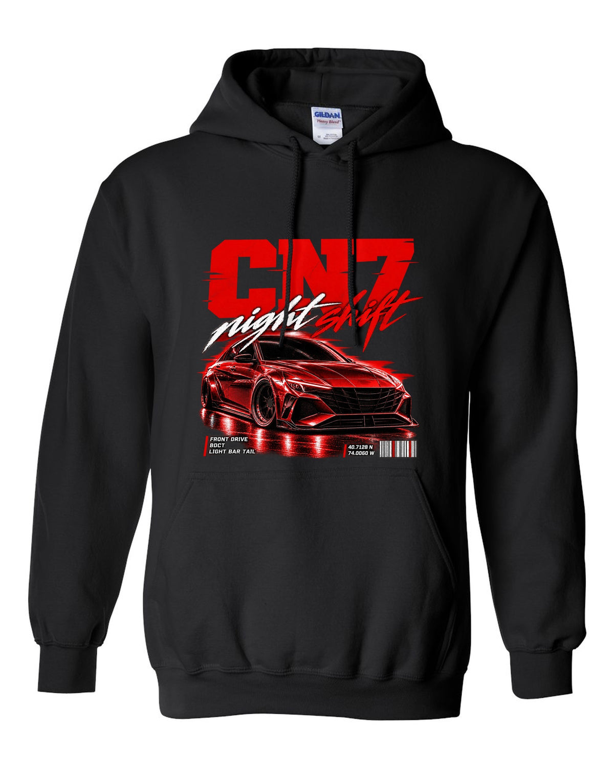 Hyundai Elantra N CN7 street poster print with night shift text and coordinates black pull over hoodie front view with the design