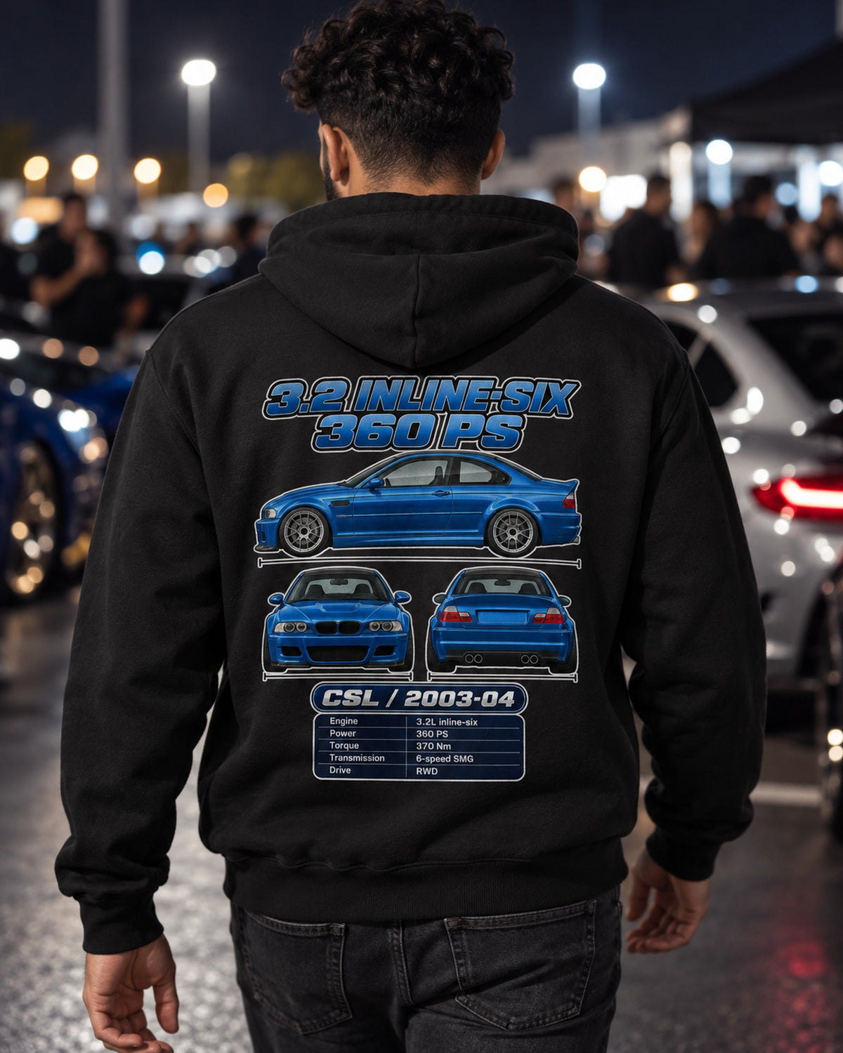 BMW M3 Csl E46 Spec Sheet Full-Back Graphic Tee Pull Over Hoodie Black worn hero