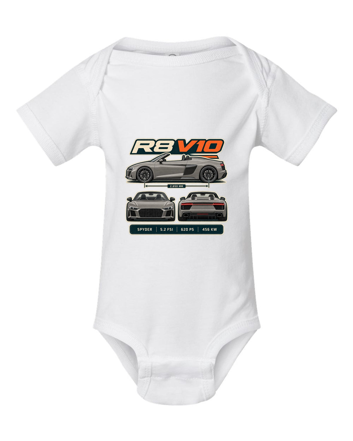 Audi R8 Spyder V10 performance three-view spec table print design white baby onesie front view with the design