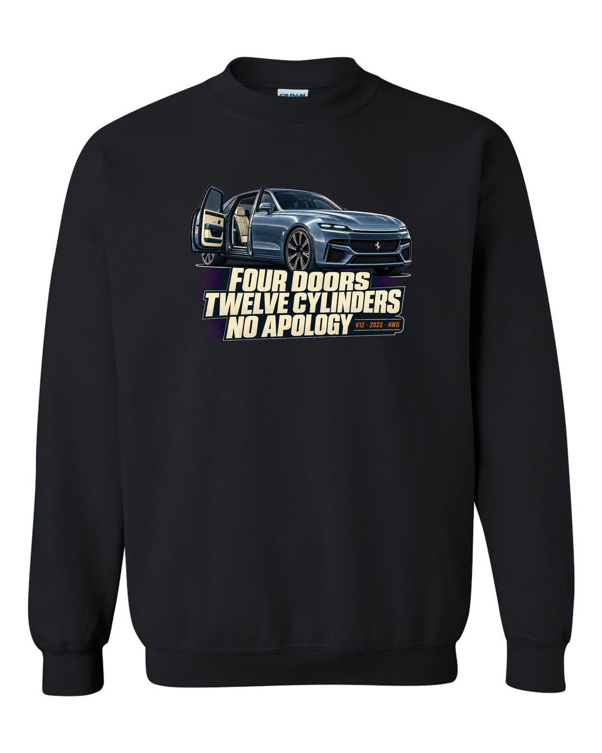 Editorial headline print of the Ferrari Purosangue on a tee black crewneck front view with the design