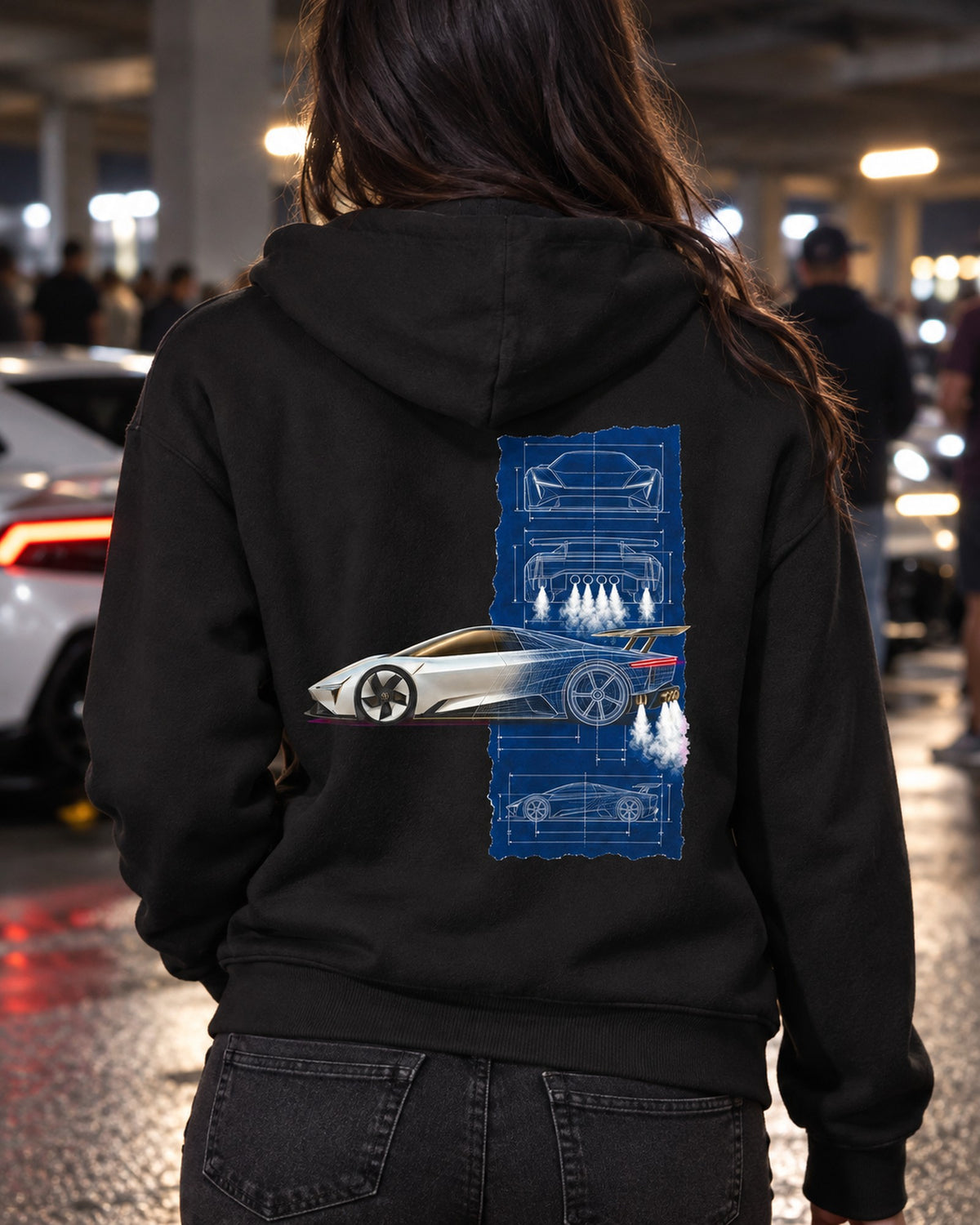 Tesla Roadster Blueprint Shirt, Hoodie & More Zip Hoodie Black worn hero