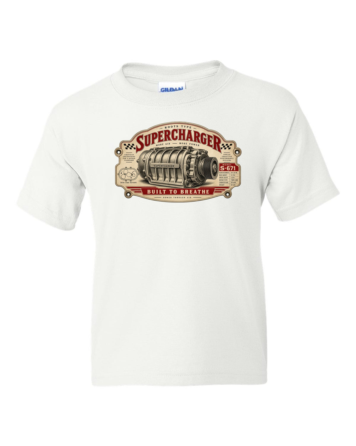 Spec-sheet data plate art of a 2023 Ford F-150 Raptor R P702 with 5.2 SUPERCHARGED 720 HP notes white kids tee front view with the design