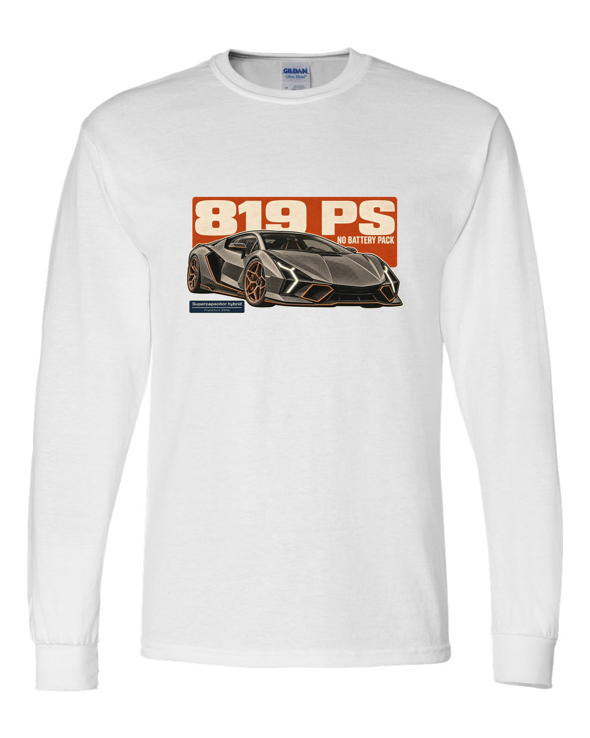 Halftone statement print of the Lamborghini Sian FKP 37 white long sleeve front view with the design