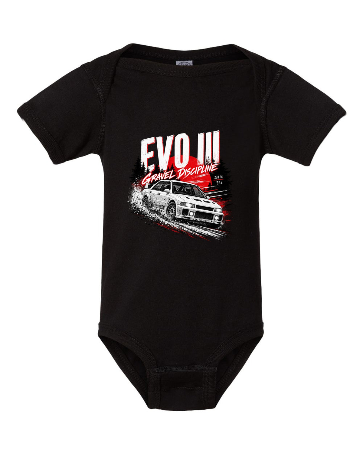 Night gravel road print for the Mitsubishi Lancer Evolution III CE9A reading Gravel Discipline, 270 PS, 1995 black baby onesie front view with the design