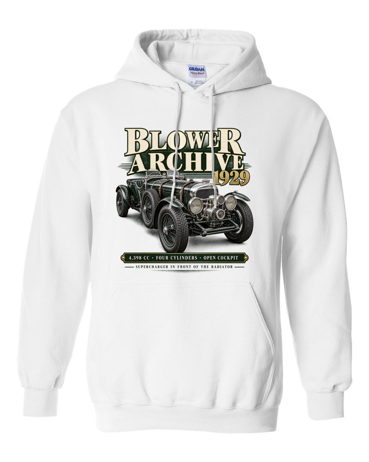 Bentley Blower 1929 archive panel with supercharger detail white pull over hoodie front view with the design