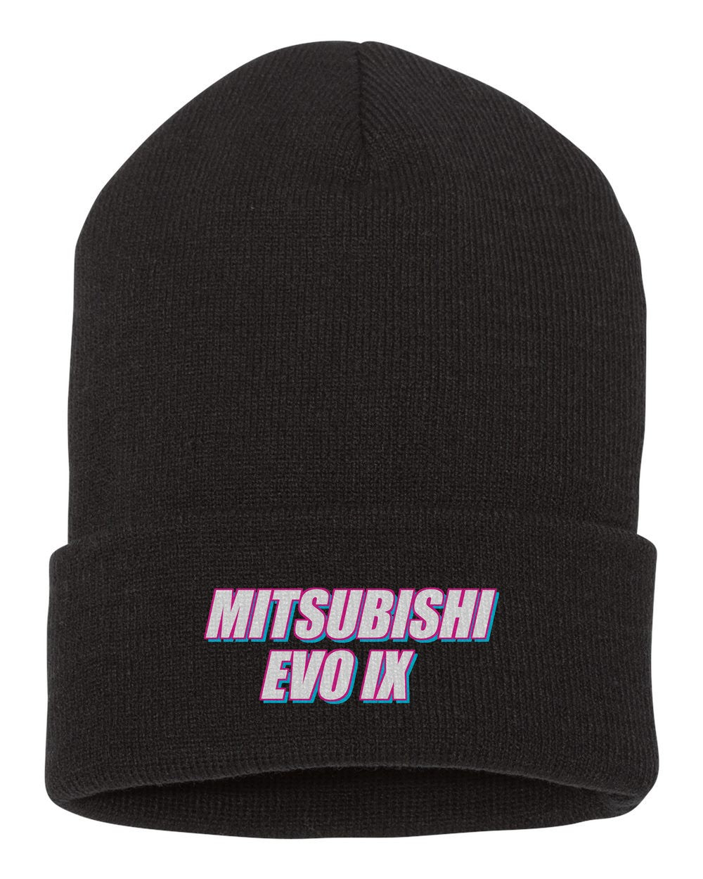 Mitsubishi Evo Ix black beanie front view with car name