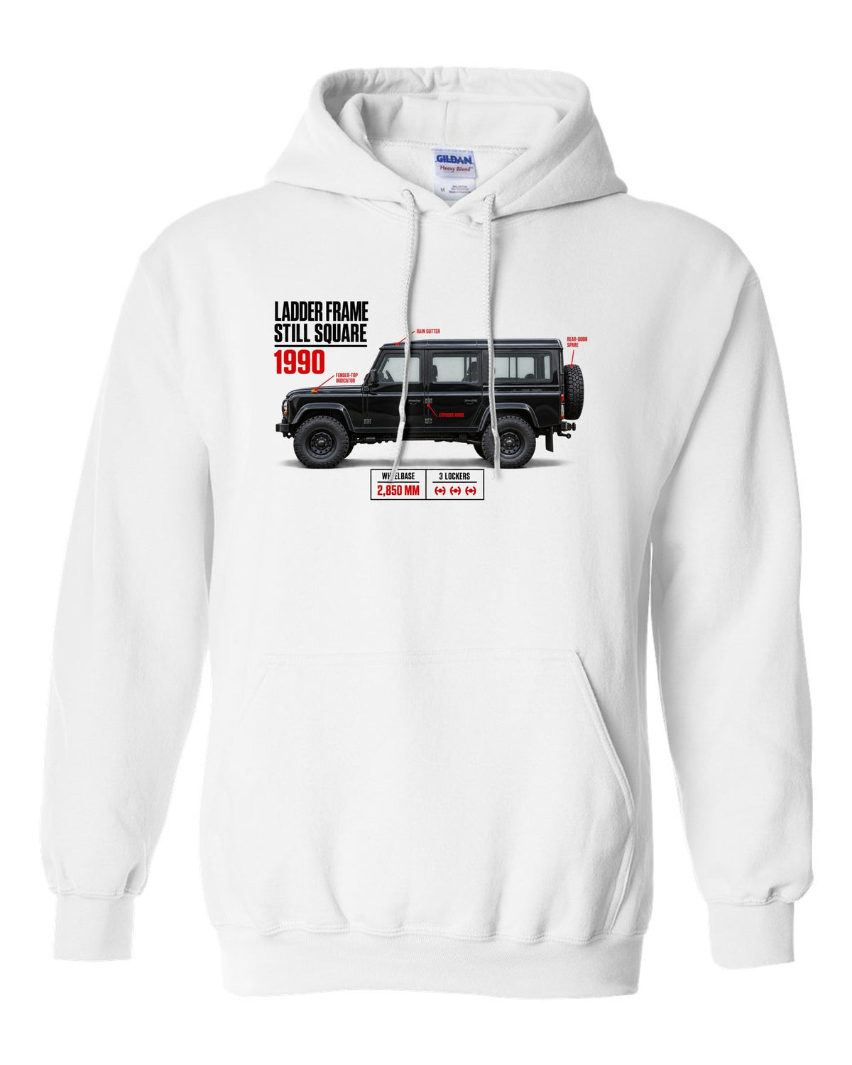 print spec poster of a Mercedes G-Class W463 with text ladder frame, 1990, still square white pull over hoodie front view with the design