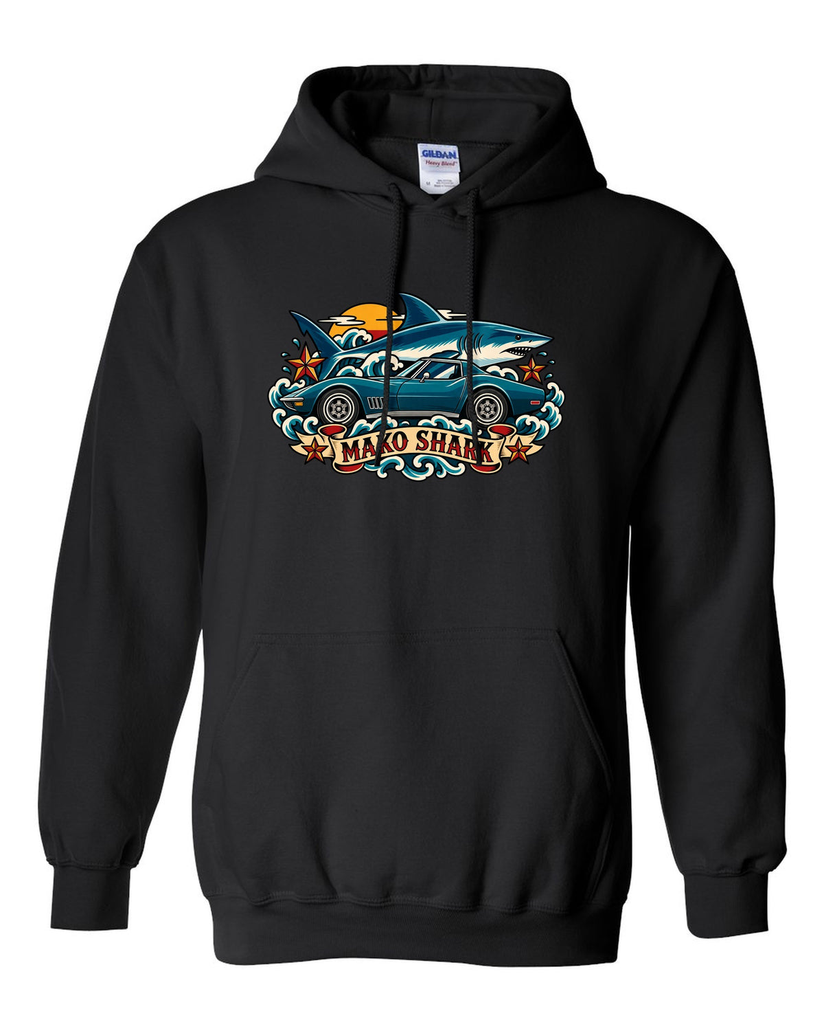 Retro tattoo flash print of a 1968 Chevrolet Corvette C3 Stingray with Mako Shark lettering black pull over hoodie front view with the design