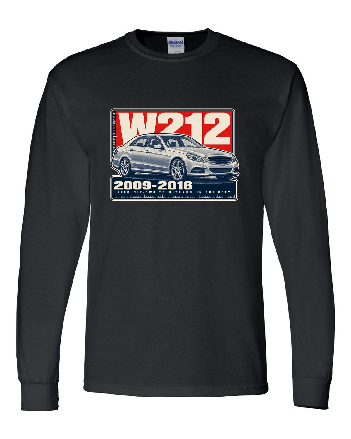 Halftone print of a Mercedes-AMG E63 W212 sedan black long sleeve front view with the design