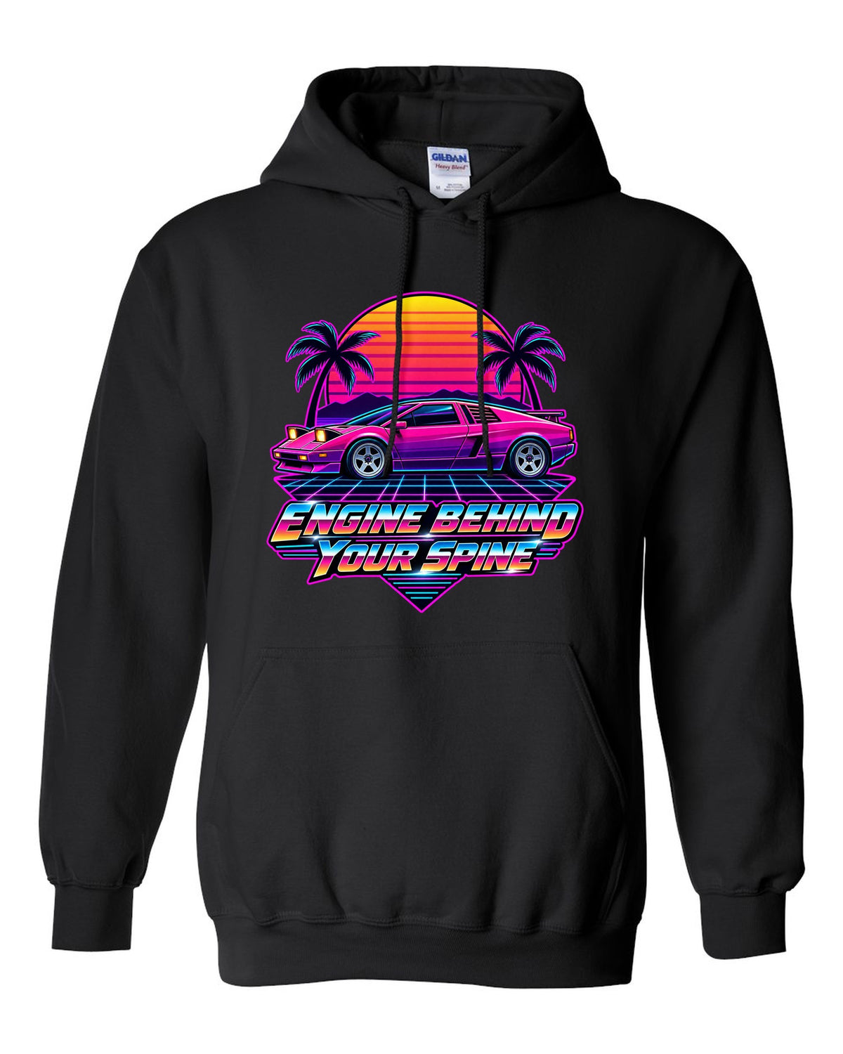 Synthwave sunset grid with a Toyota MR2 AW11 driving toward the horizon black pull over hoodie front view with the design