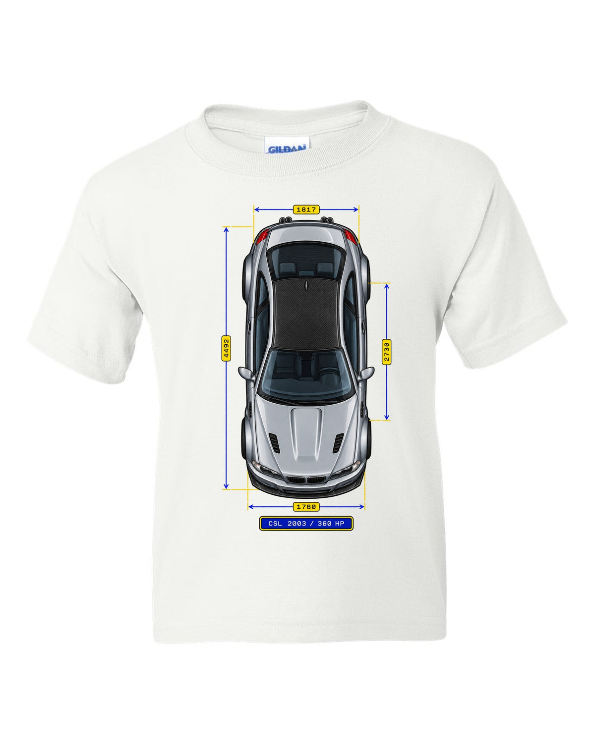 Spec-sheet data plate schematic of a BMW E46 M3 CSL 2003 with carbon roof and 360 HP white kids tee front view with the design