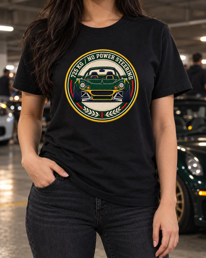 Lotus Elise S1 1996 Chassis Crest Shirt, 725 KG Embroidery Style T-Shirt Black worn hero