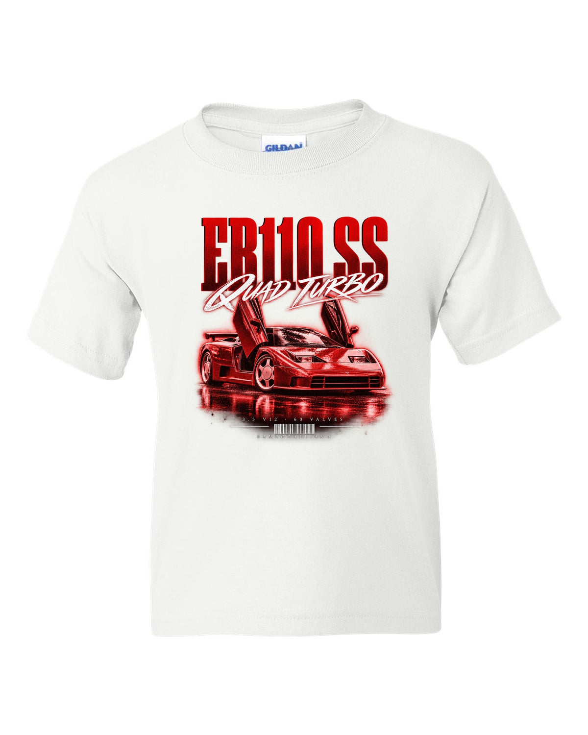 Bugatti EB110 SS 1992 street poster with quad turbo V12 text white kids tee front view with the design