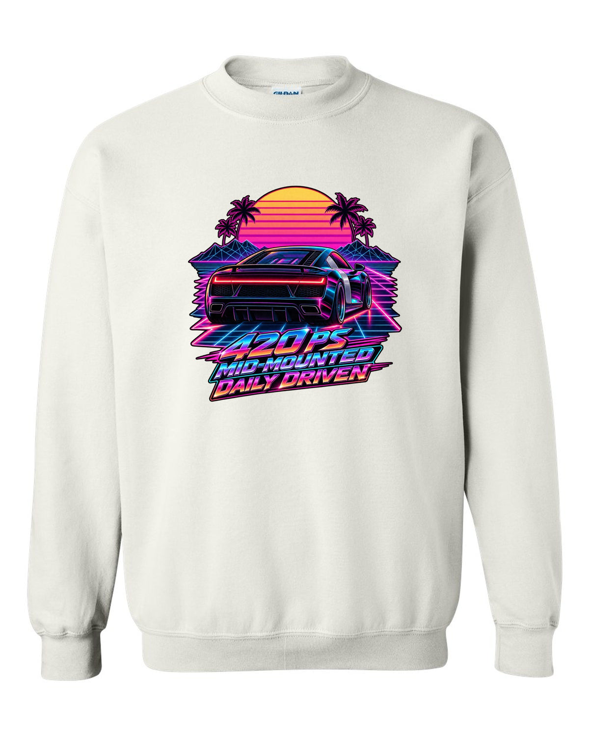 80s synthwave print of an Audi R8 Type 42 rear lights with Daily Driven text white crewneck front view with the design