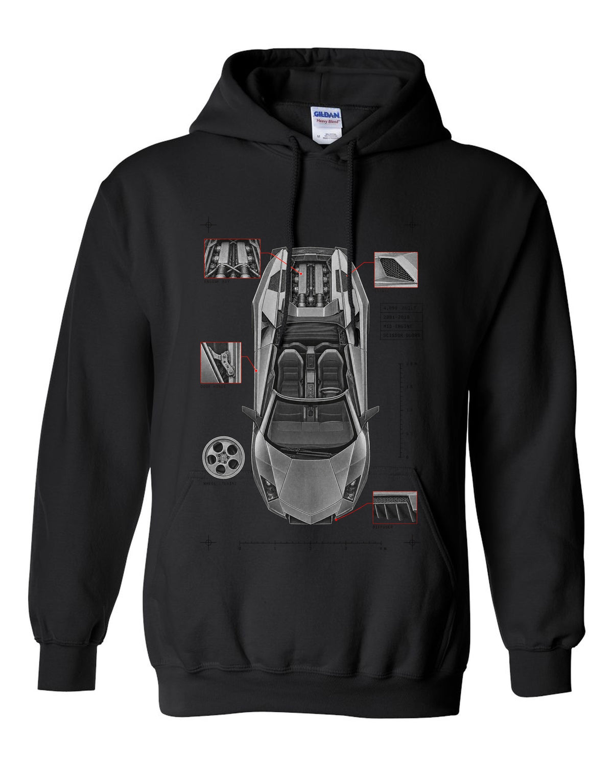 Spec poster print of a Lamborghini Murcielago LP640 Roadster with 4,099 built and scissor doors black pull over hoodie front view with the design