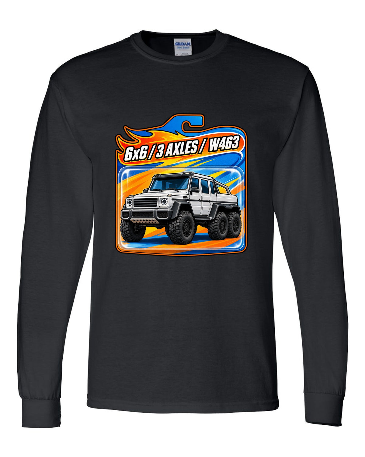 Toy blister card graphic of a Mercedes G63 6x6 W463 with three axles, print black long sleeve front view with the design