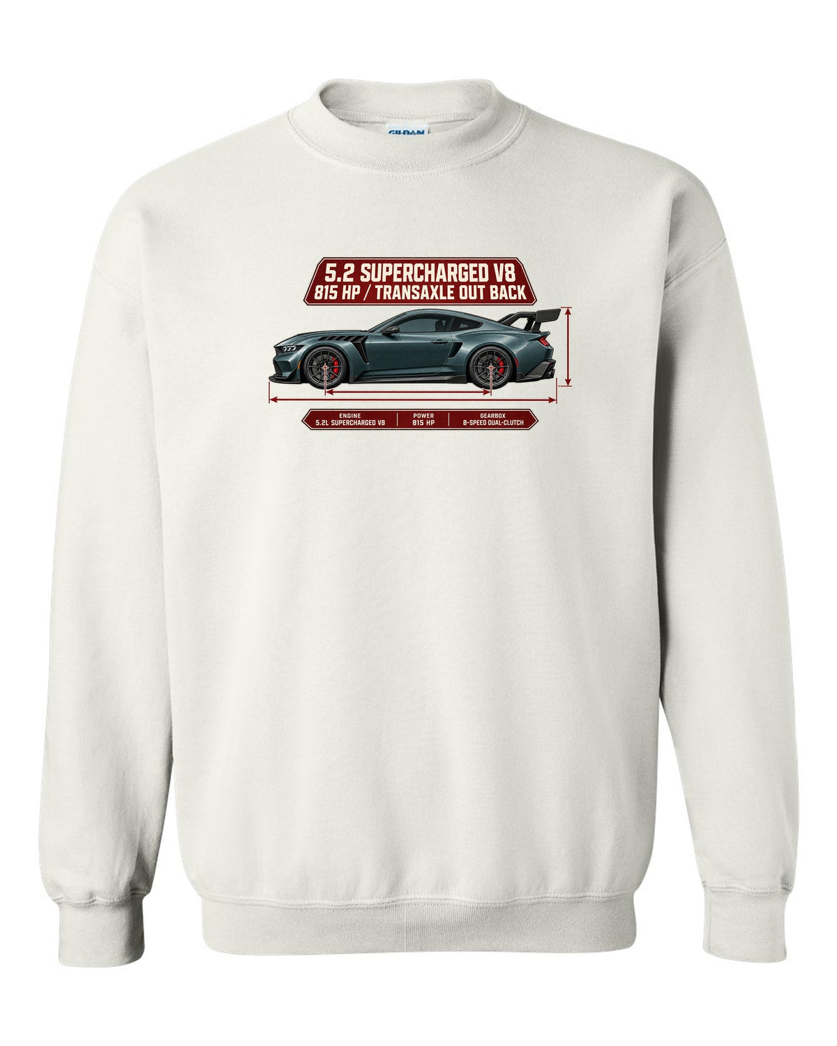 print of a Mustang GTD dimension blueprint with 5.2 supercharged V8 and 815 HP text white crewneck front view with the design