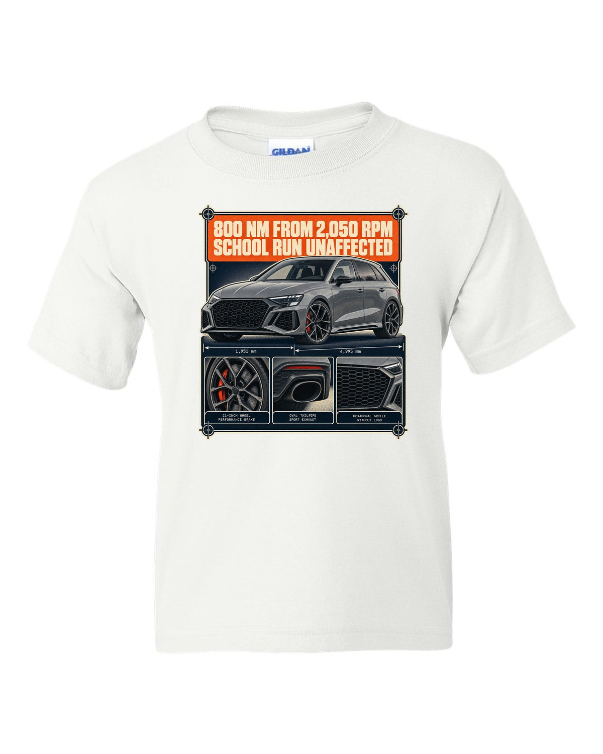 Dossier panels for the Audi RS6 Avant C8 noting 800 Nm from 2,050 rpm white kids tee front view with the design