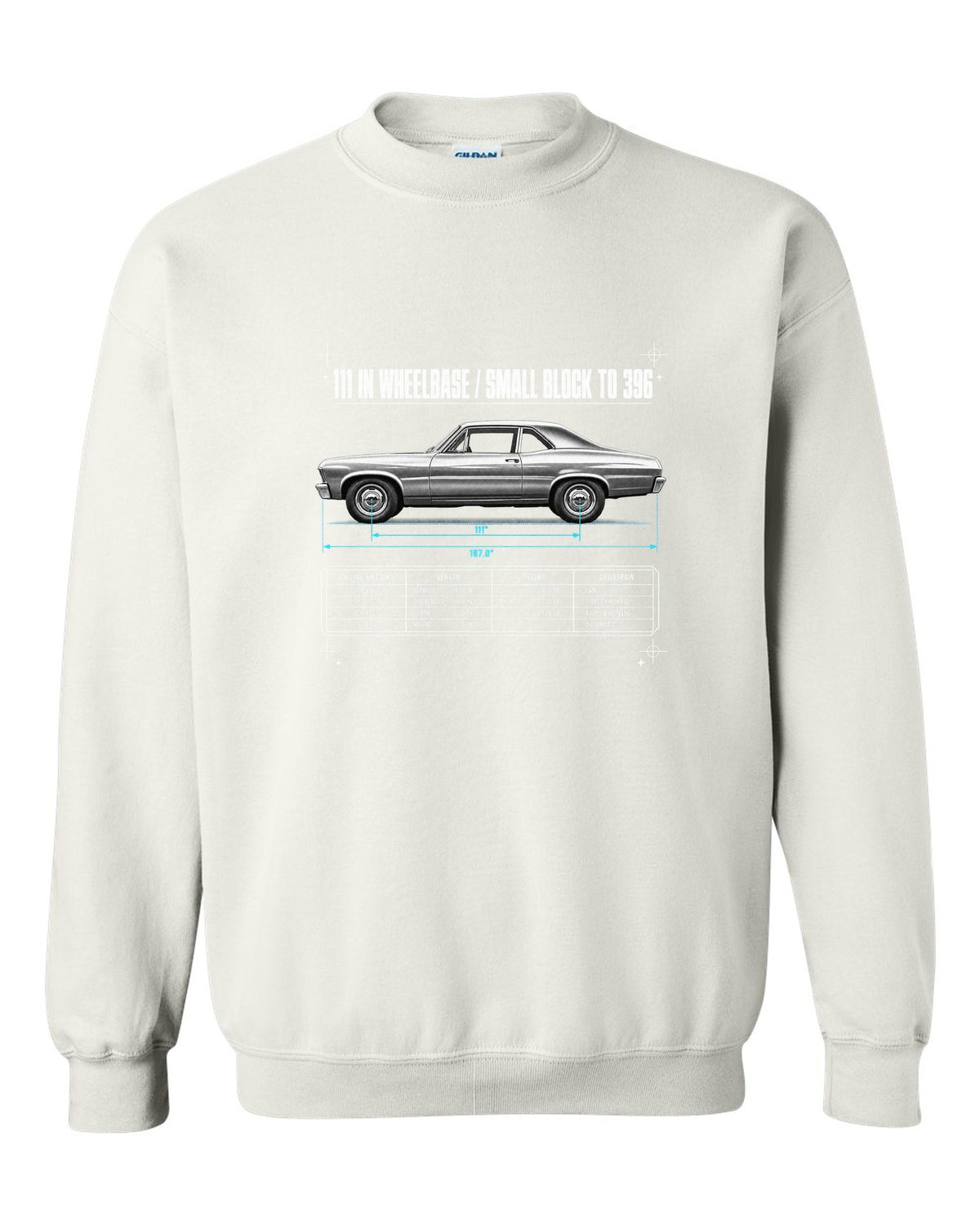 1968 Nova X-Body Spec Poster white crewneck front view with the design