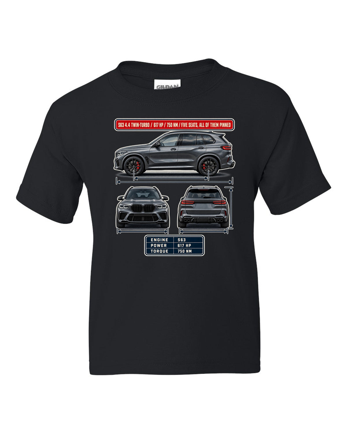 BMW X5 M Competition F95 three-view spec table print on a tee black kids tee front view with the design