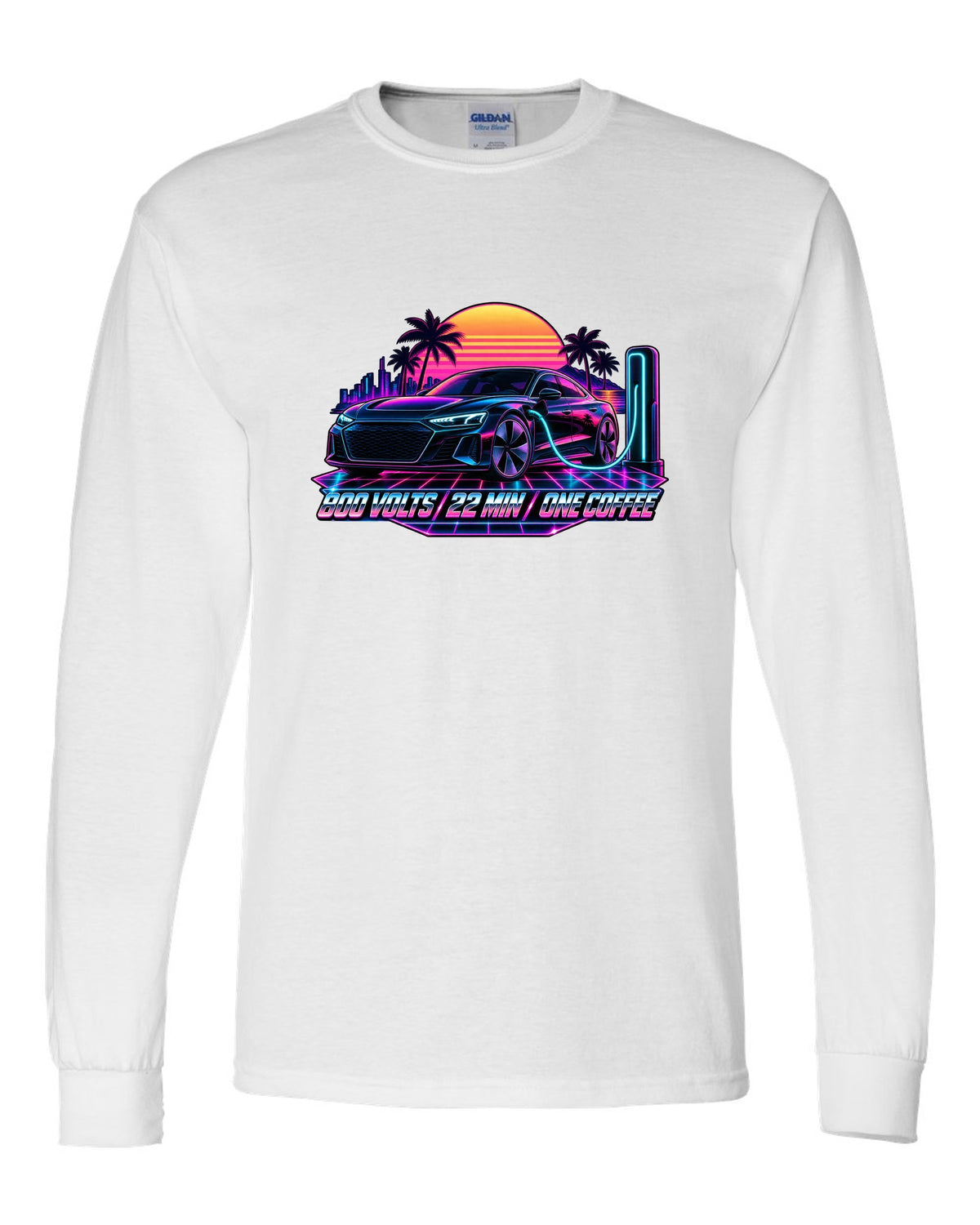 Synthwave print of an Audi e-tron GT at dusk with charging time text white long sleeve front view with the design
