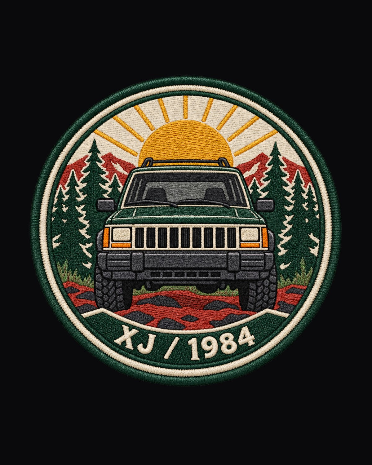 Jeep Cherokee XJ 1984 Boxy Trail Embroidered Crest Tee design only
