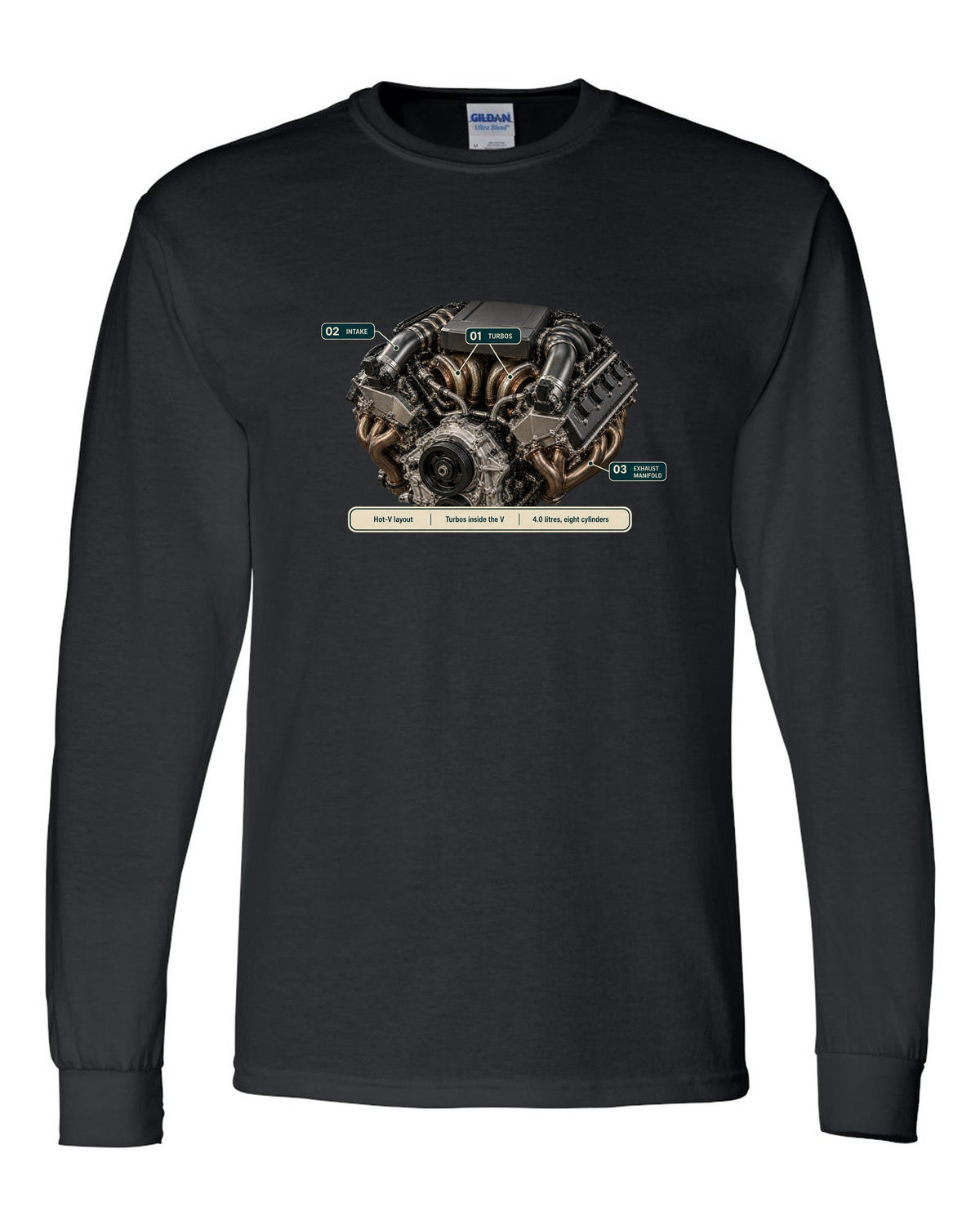 Engine hero print of the Mercedes-AMG M177 4.0 V8 from the G63 black long sleeve front view with the design