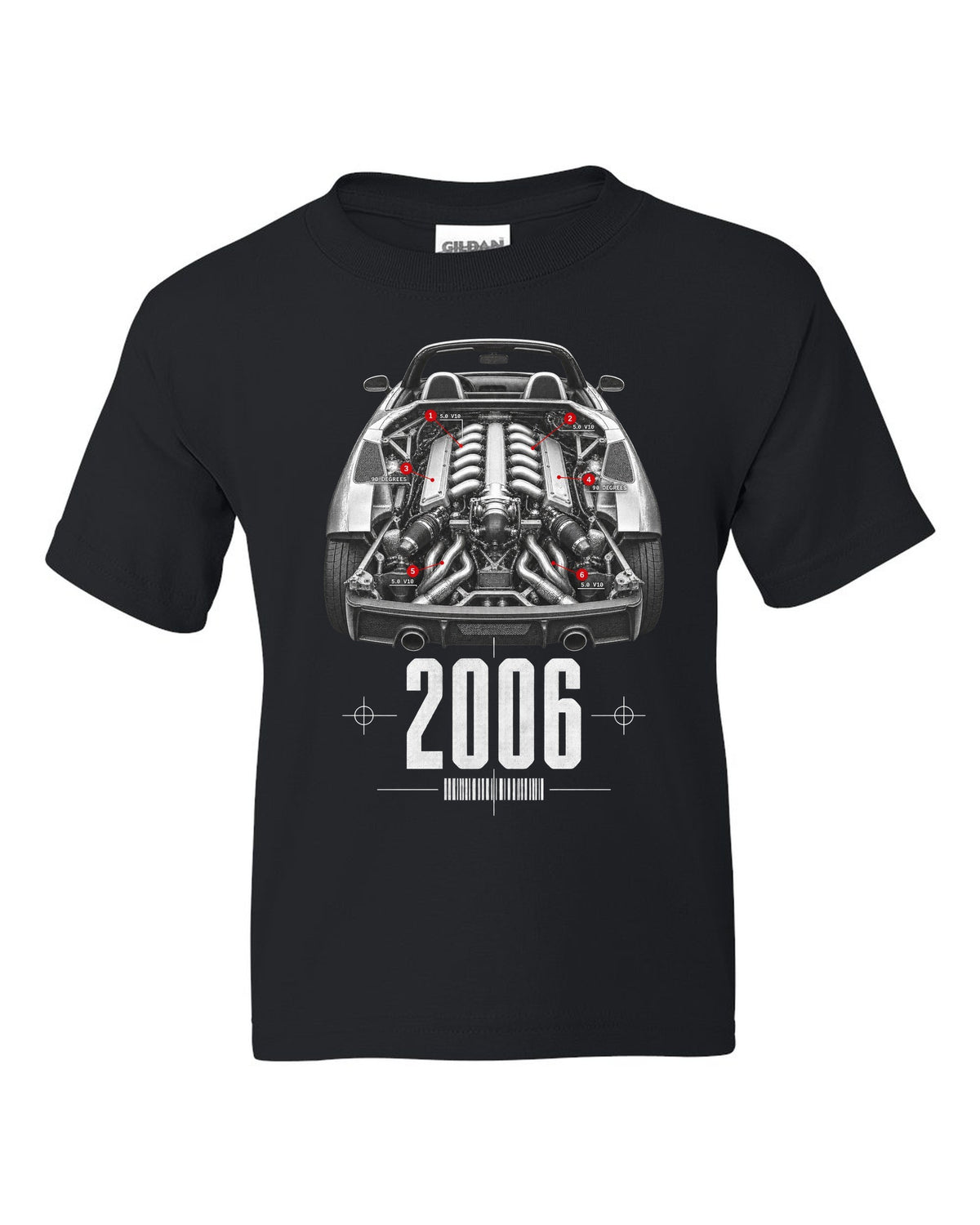 Engine hero print of a Lamborghini Gallardo Spyder with 5.0 V10 and 90 Degrees text black kids tee front view with the design