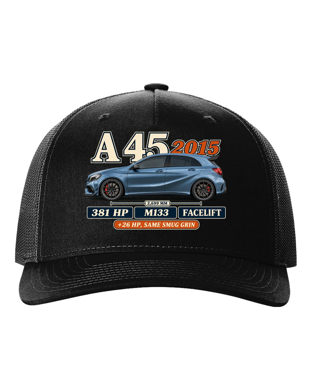 Mercedes-AMG A45 W176 facelift 2015 archive panel print black hat front view with the design