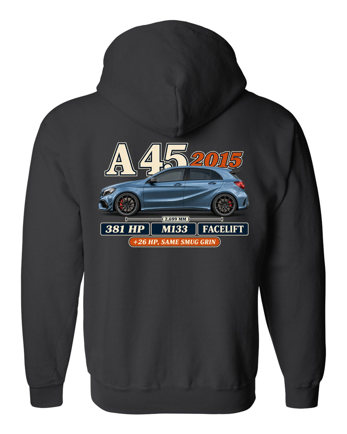 Mercedes-AMG A45 W176 facelift 2015 archive panel print black zip hoodie back view with the design