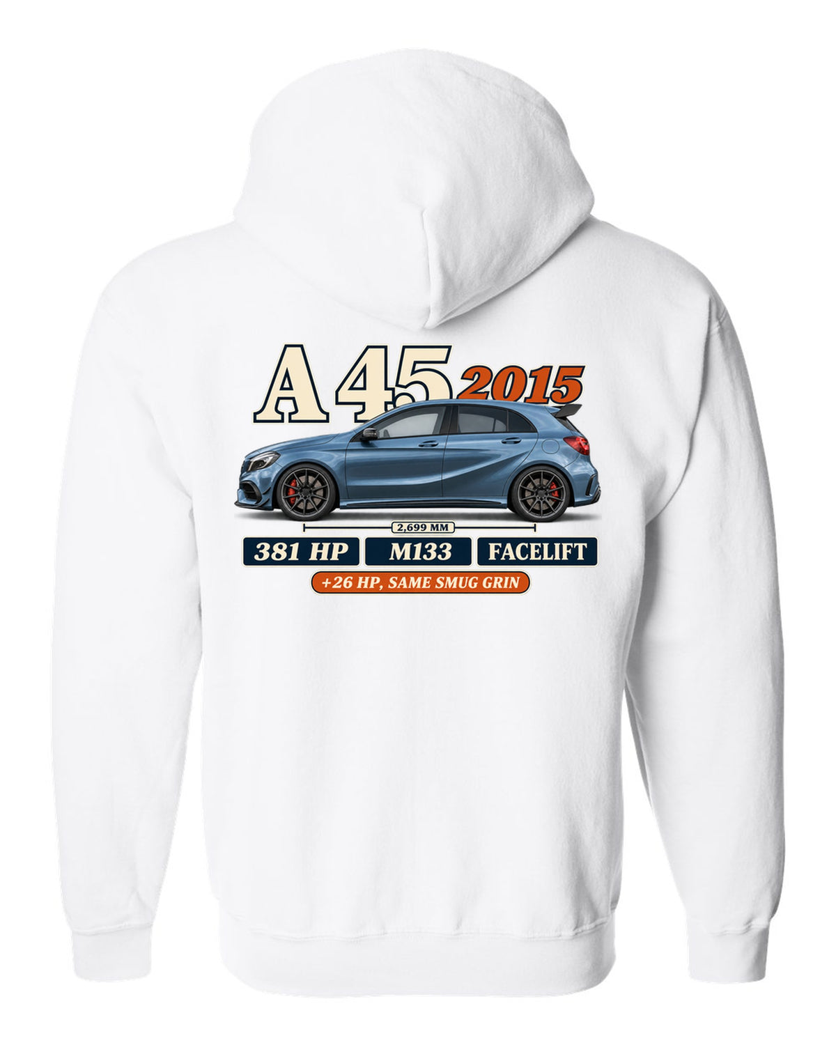 Mercedes-AMG A45 W176 facelift 2015 archive panel print white zip hoodie back view with the design