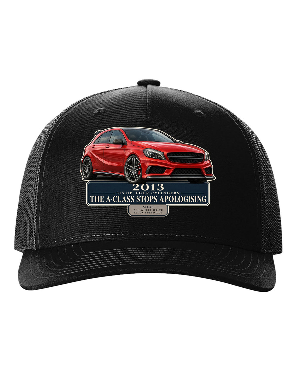Mercedes-AMG A45 W176 chback editorial headline print black hat front view with the design